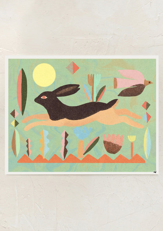 Colorful abstract artwork with a rabbit and geometric shapes on a light background