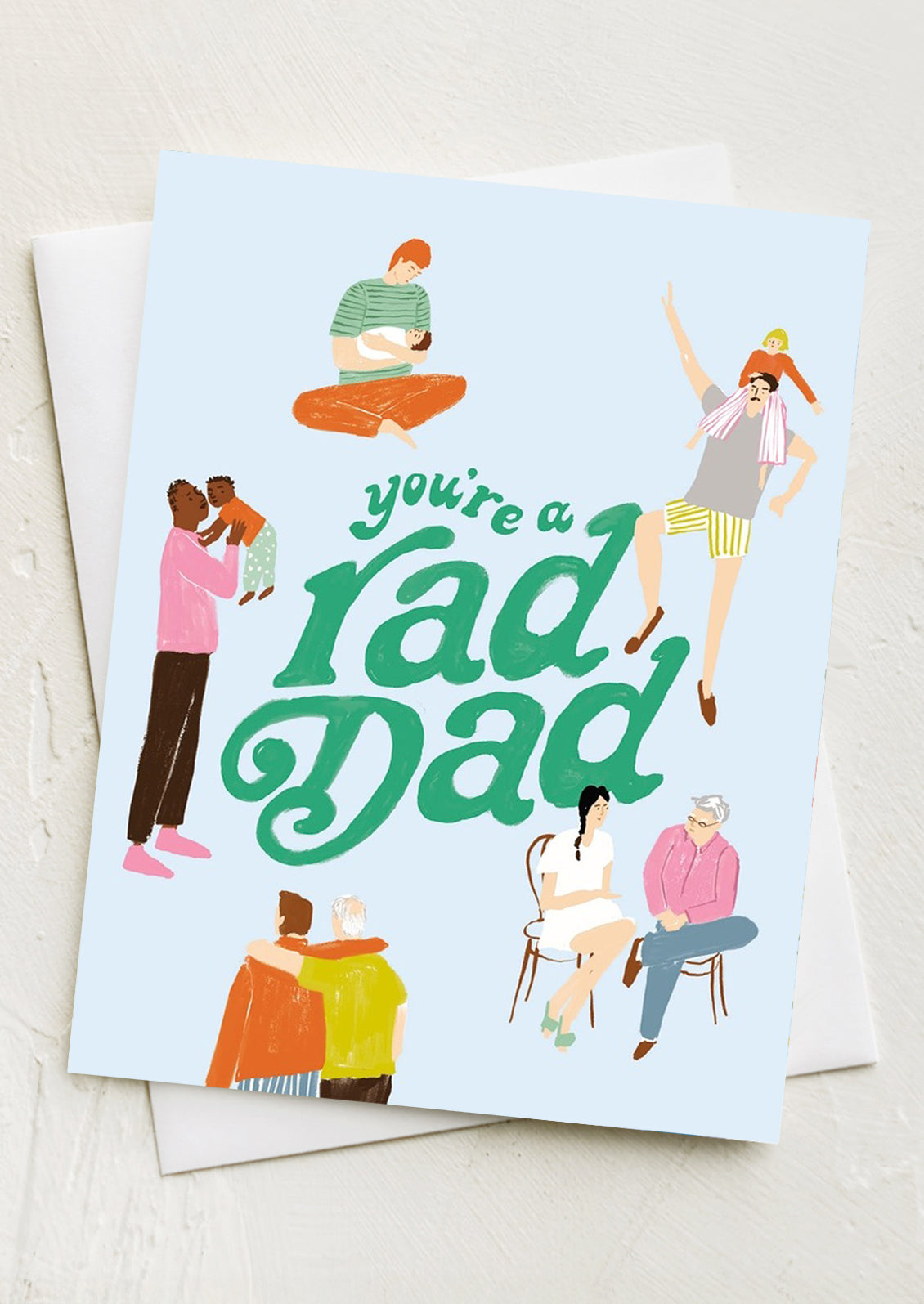 A card with images of different dads doing all kinds of activities, text reads "You're a rad dad".