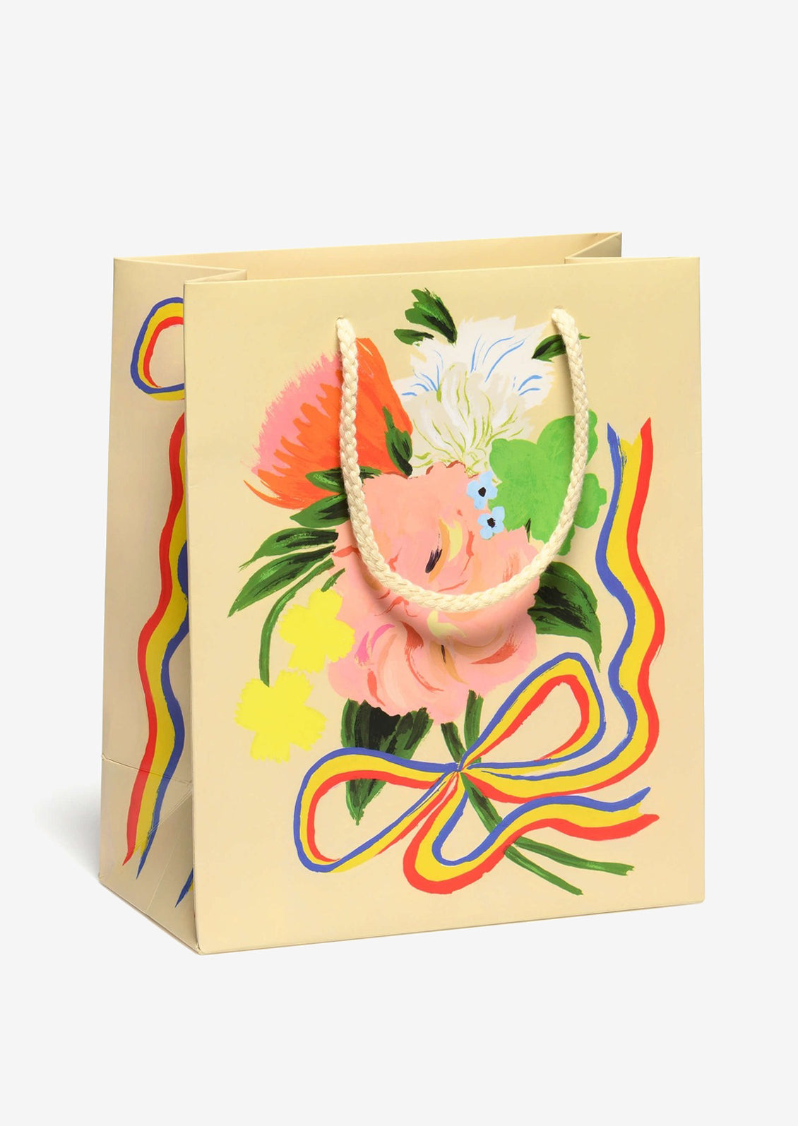 A printed gift bag with image of flower bouquet tied with rainbow ribbon.