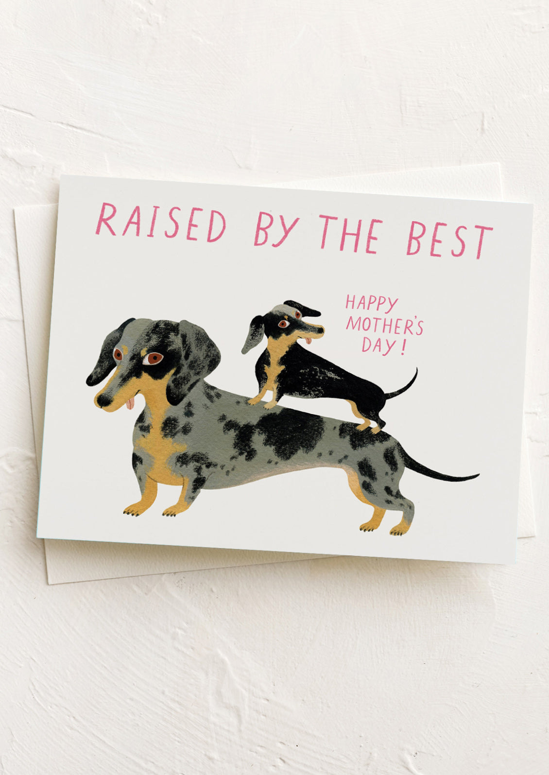 Greeting card with dachshunds and text 'Raised by the best. Happy Mother's Day!' on a white background