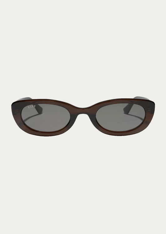 A pair of oval shaped sunglasses with a brown frame and grey lenses.