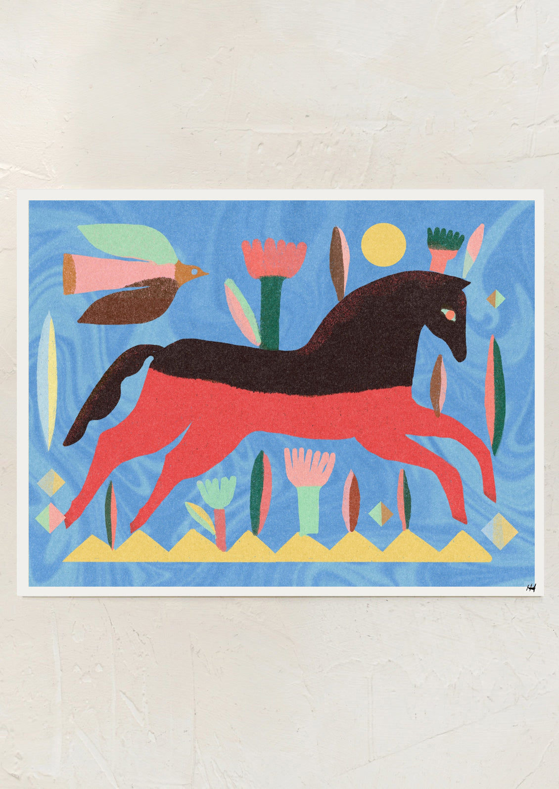Colorful illustration of a horse running with abstract plants on a blue background