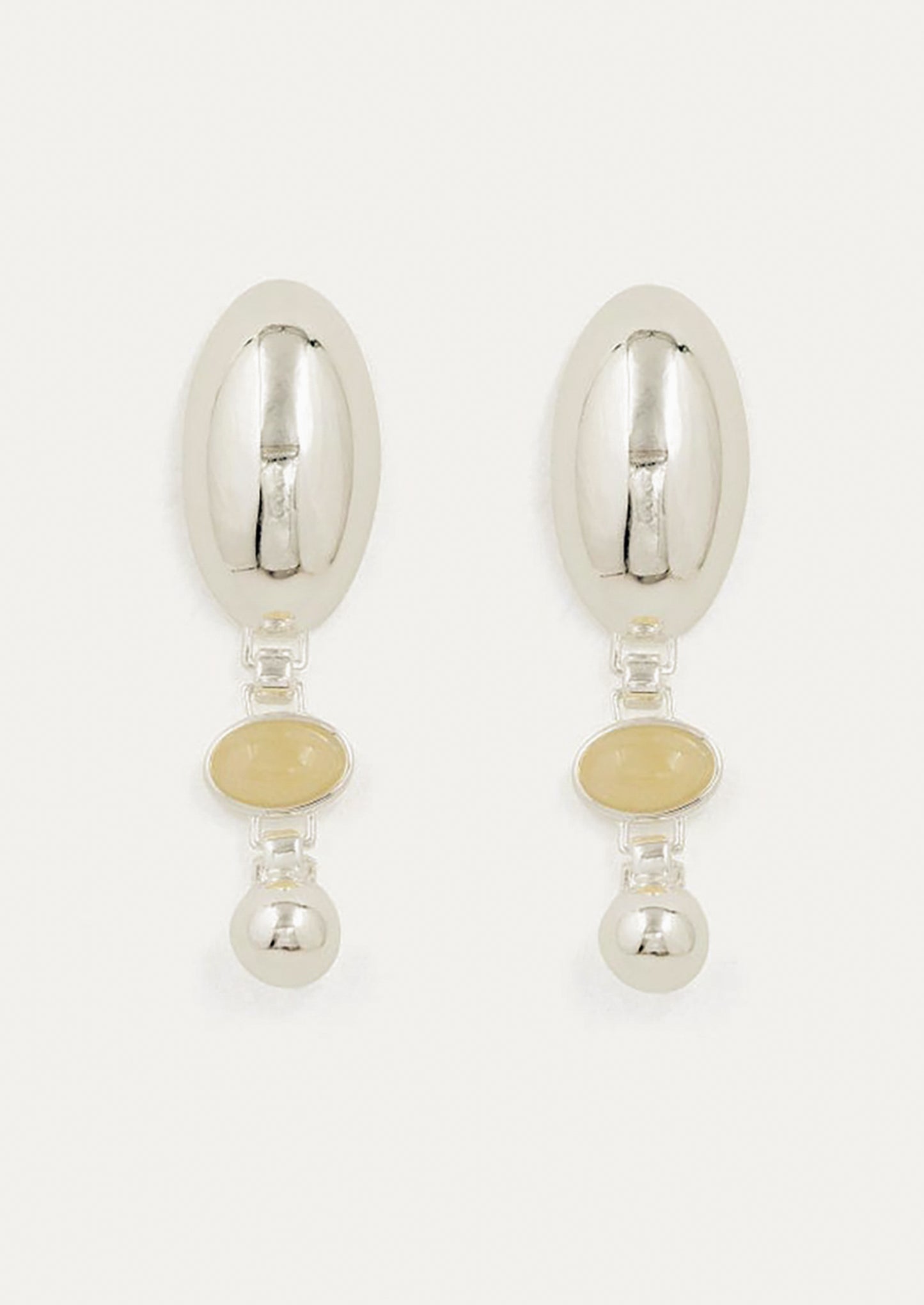 A pair of high shine silver earrings with honey topaz stone at center.