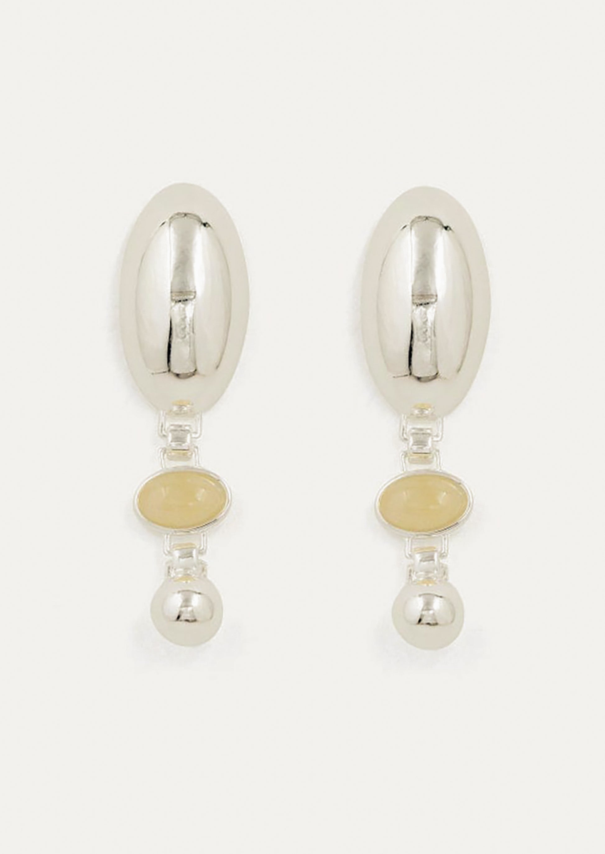 A pair of high shine silver earrings with honey topaz stone at center.