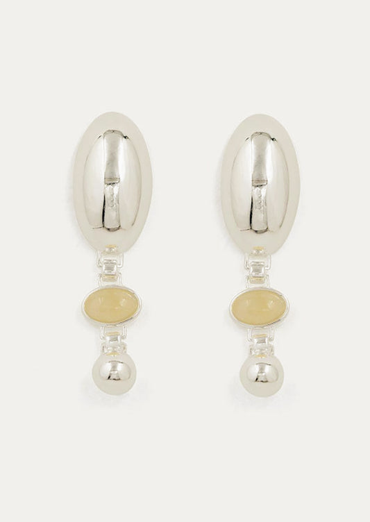 A pair of high shine silver earrings with honey topaz stone at center.