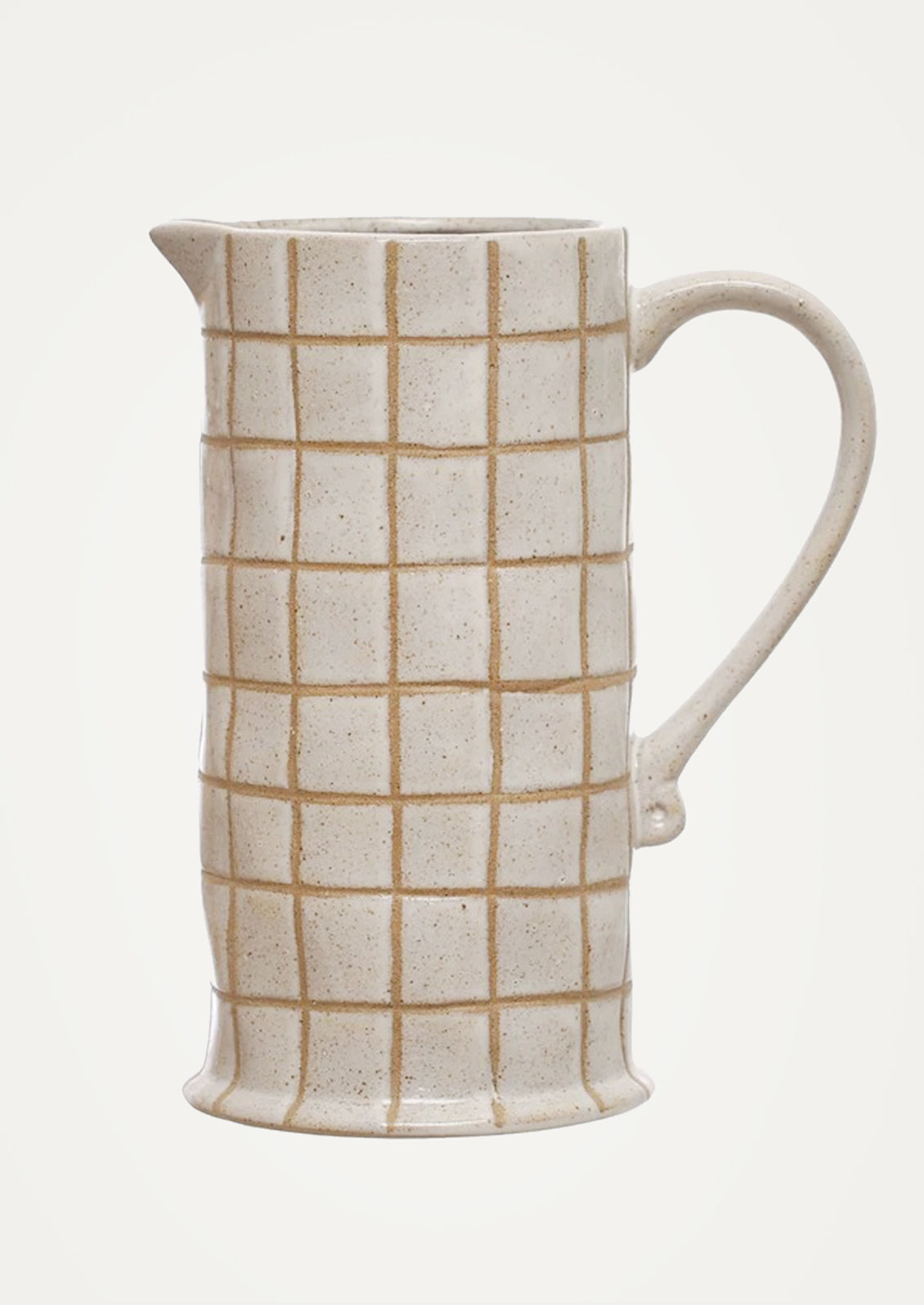 Ceramic pitcher with grid pattern on a white background.