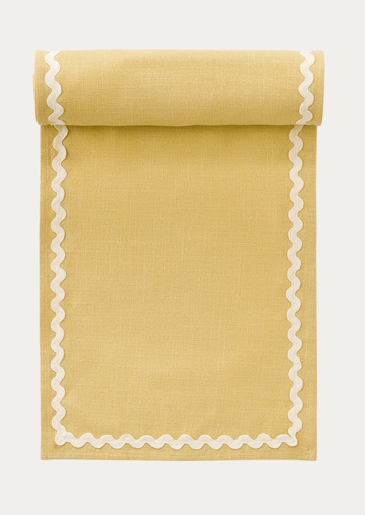 A butter yellow table runner with white ricrac border.