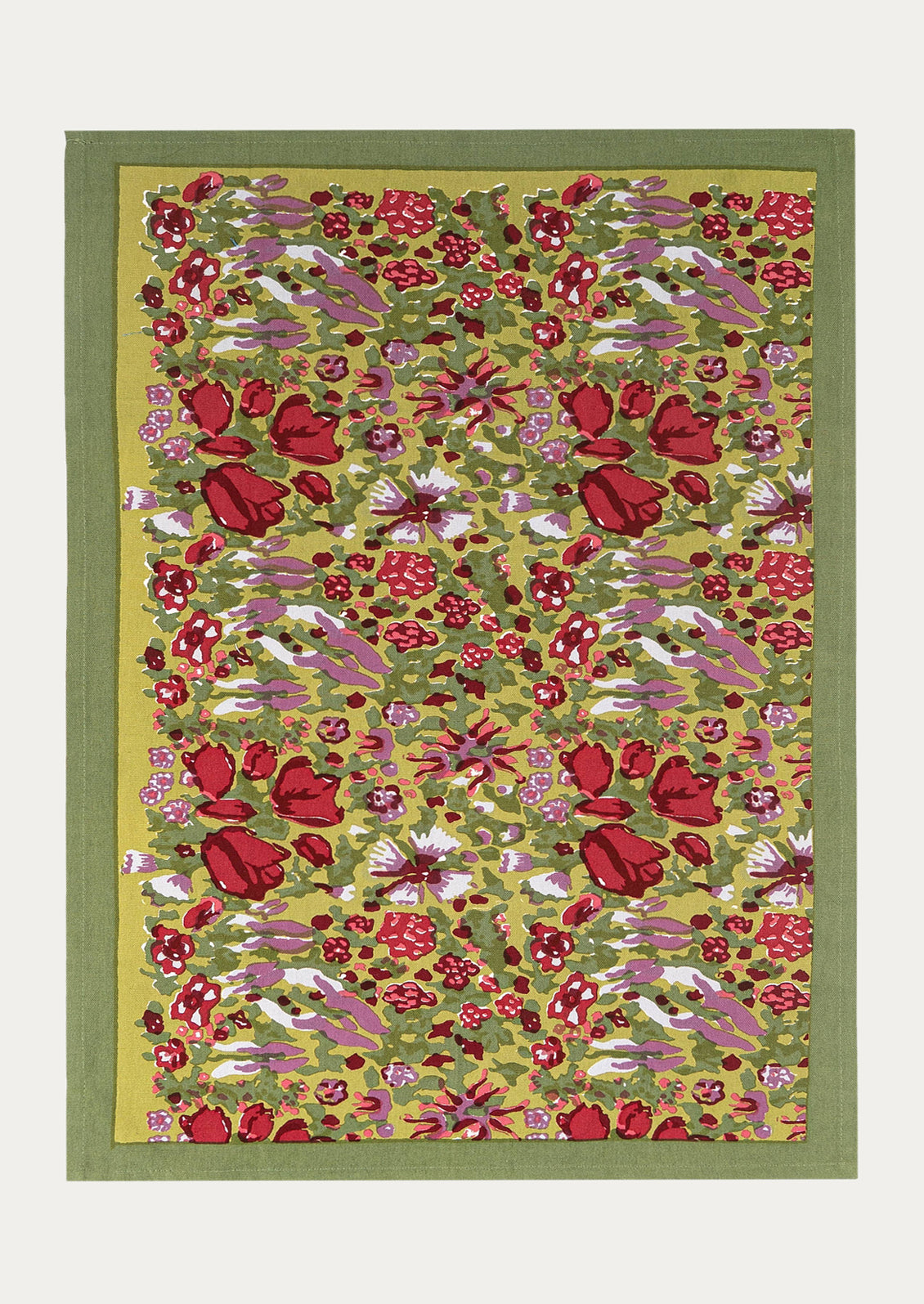 Floral patterned fabric with red flowers on a green background