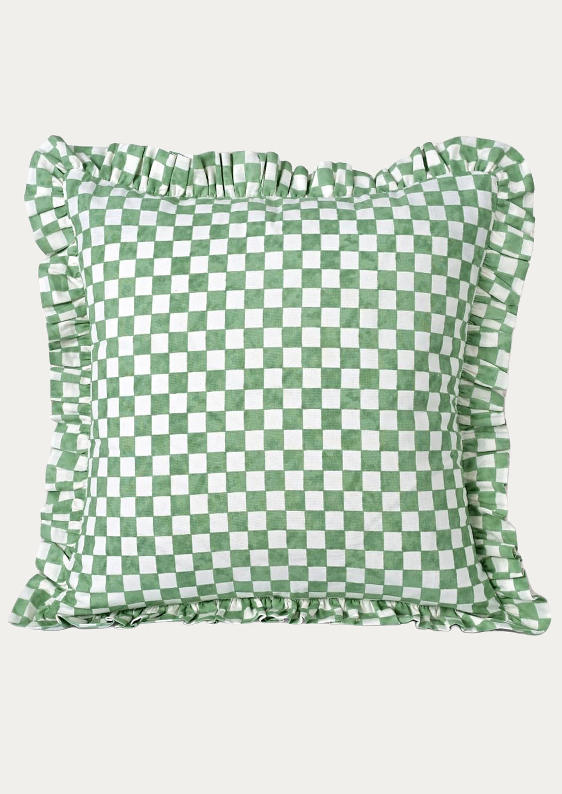 A square throw pillow with a green and white checkered pattern and ruffled trim on all sides, shown against a plain light gray background.