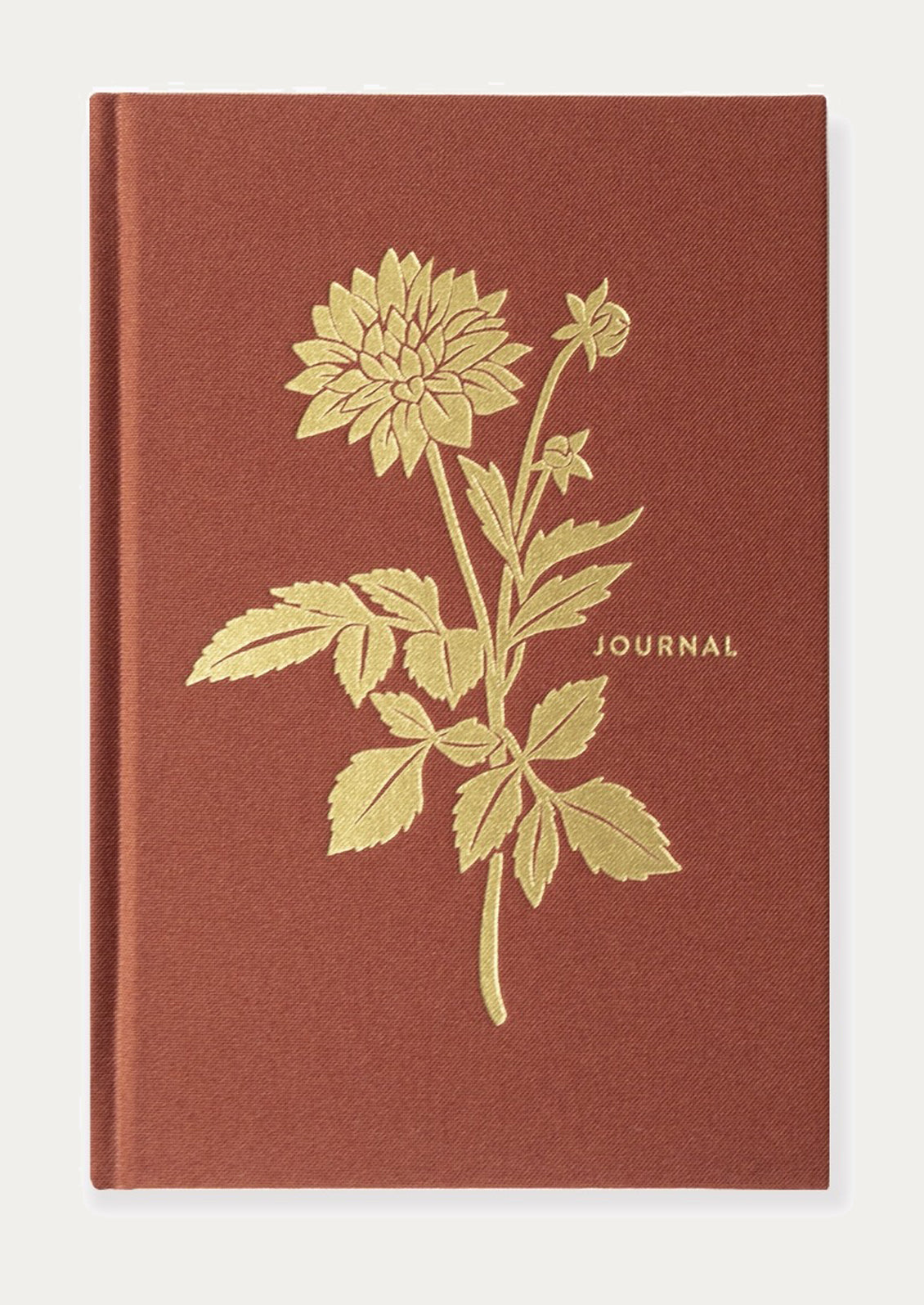 Cloth bound journal with gold floral design on a rust background