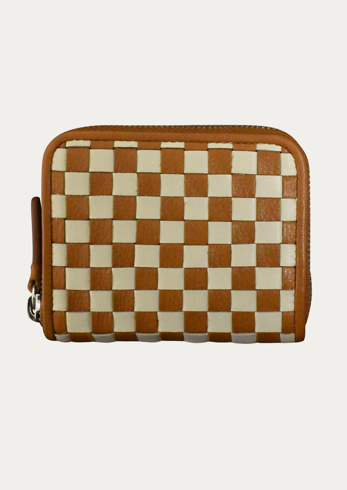 A leather checkerboard wallet in brown and cream.