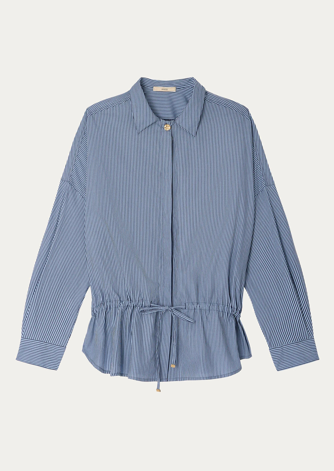 Blue striped shirt with a tie waist on a white background