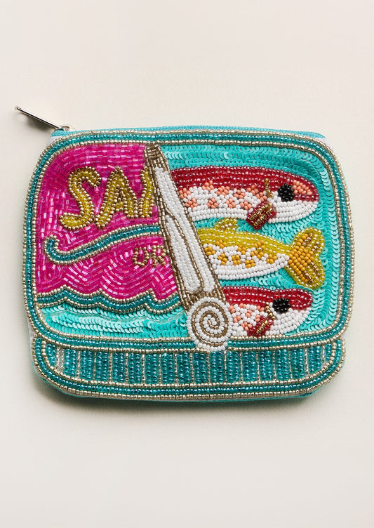 Decorative beaded pouch depicting a tin of sardines.