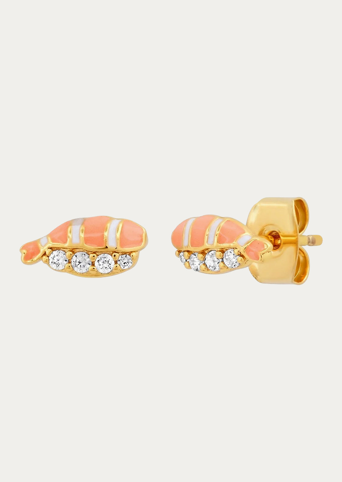 A pair of stud earrings with sashimi on them and cubic zirconia gems.