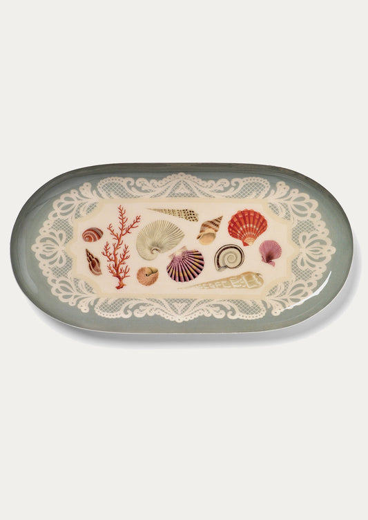 Decorative plate with seashell and coral design on a white background