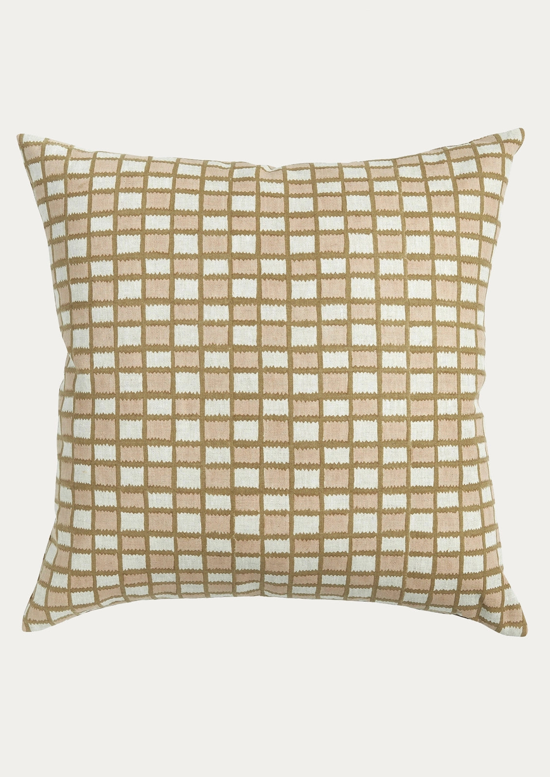 A square throw pillow featuring a woven checkered pattern in beige, tan, and off-white, shown against a plain light gray background.