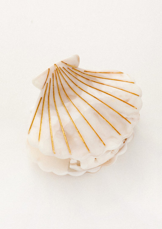 Shell-shaped object with gold lines on a white background