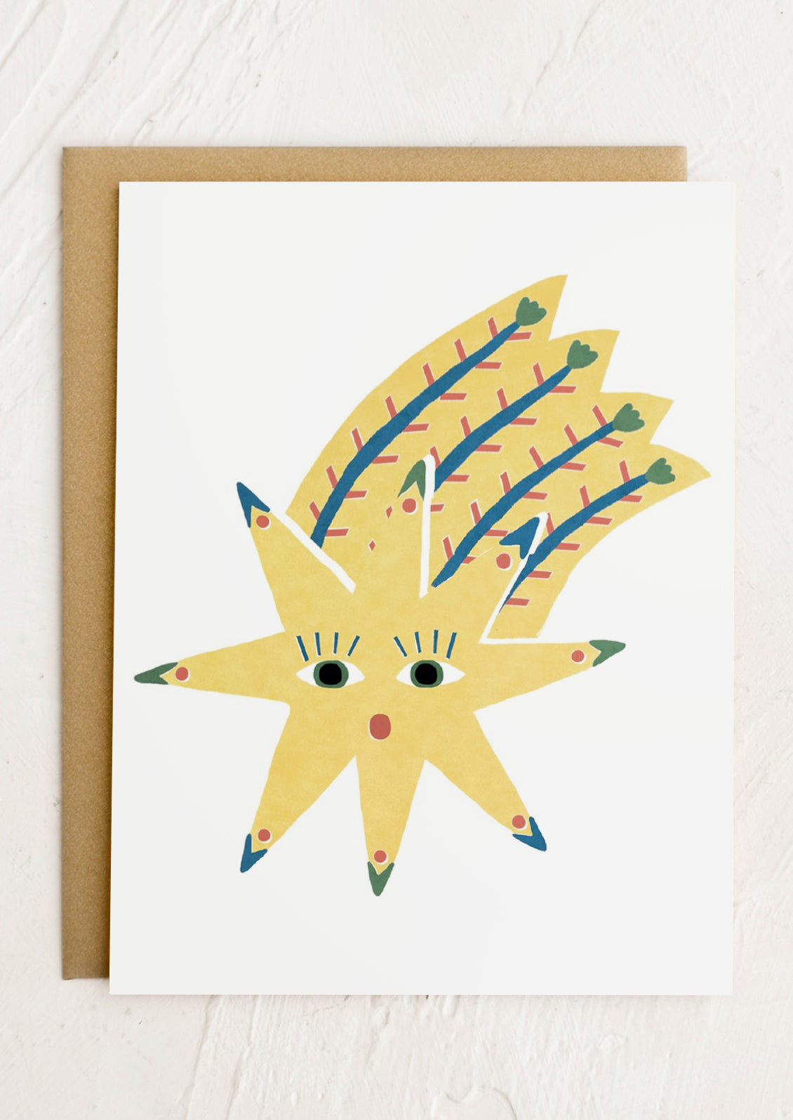 Greeting card with a yellow star-like creature illustration on a white background