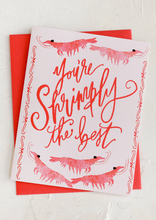 A greeting card with images of shrimp reading "You're Shrimply The Best".