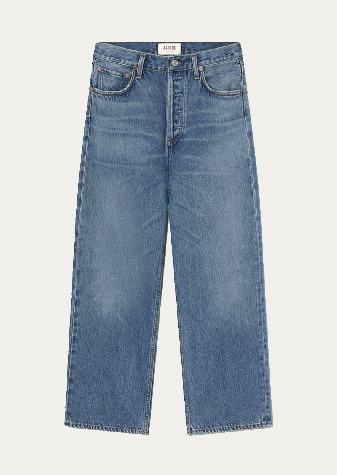 A pair of wide leg jeans in classic blue medium denim wash.