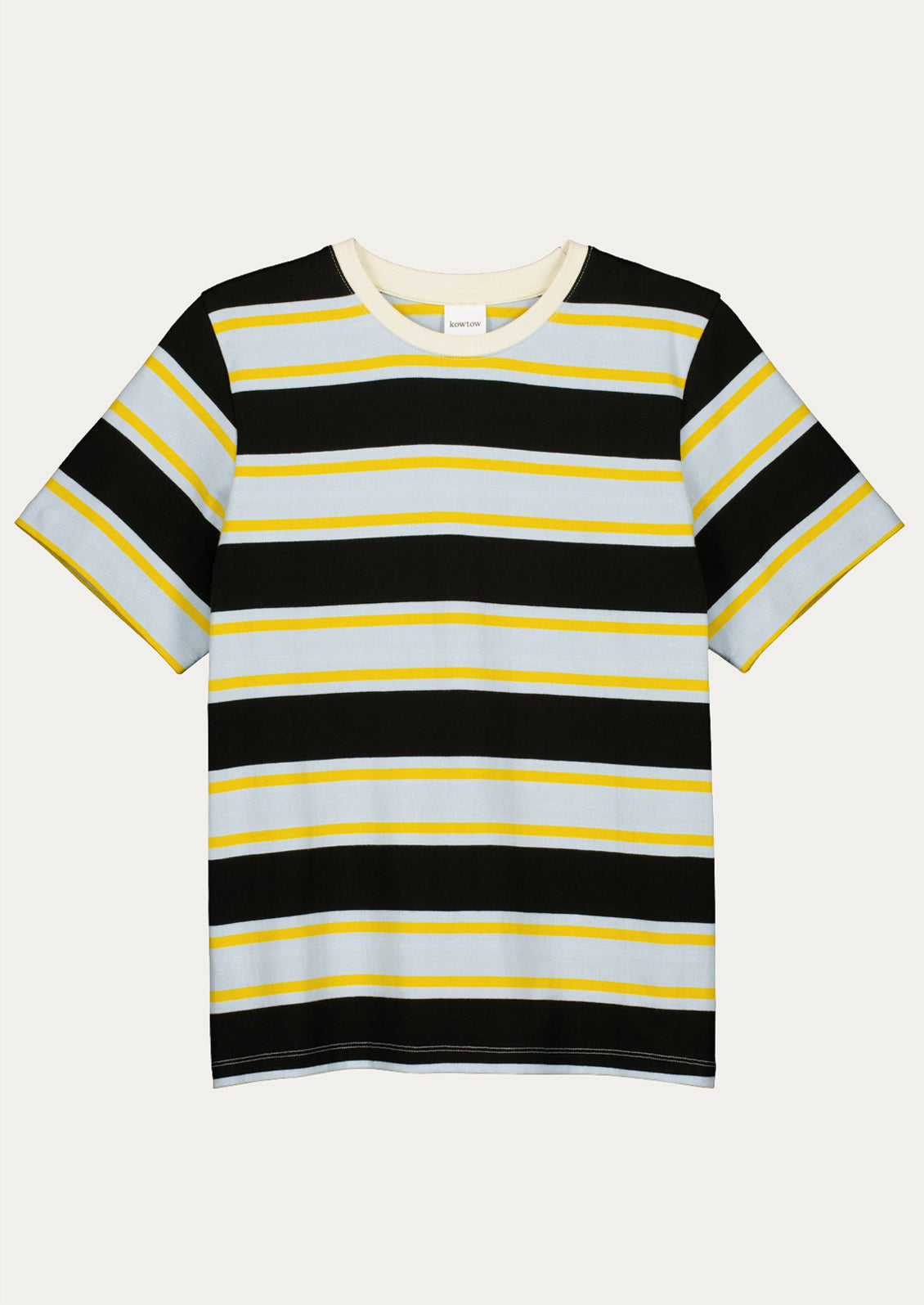 A short sleeve t-shirt with light blue, black and yellow rugby stripe pattern.