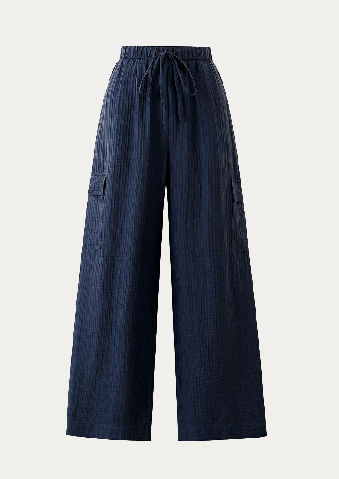 A pair of navy blue crinkle texture cargo pants.
