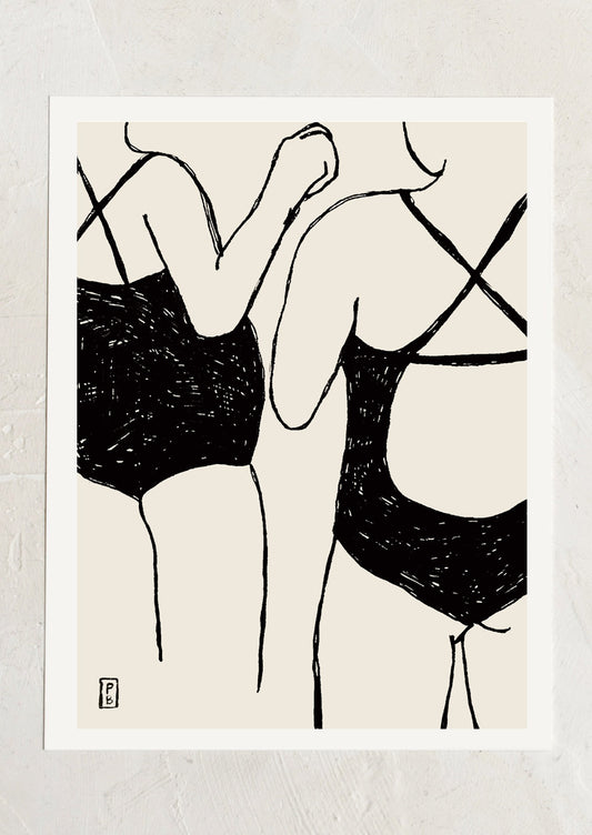 An art print in cream and black, with illustration of two girls in swimsuits, viewed from the back.