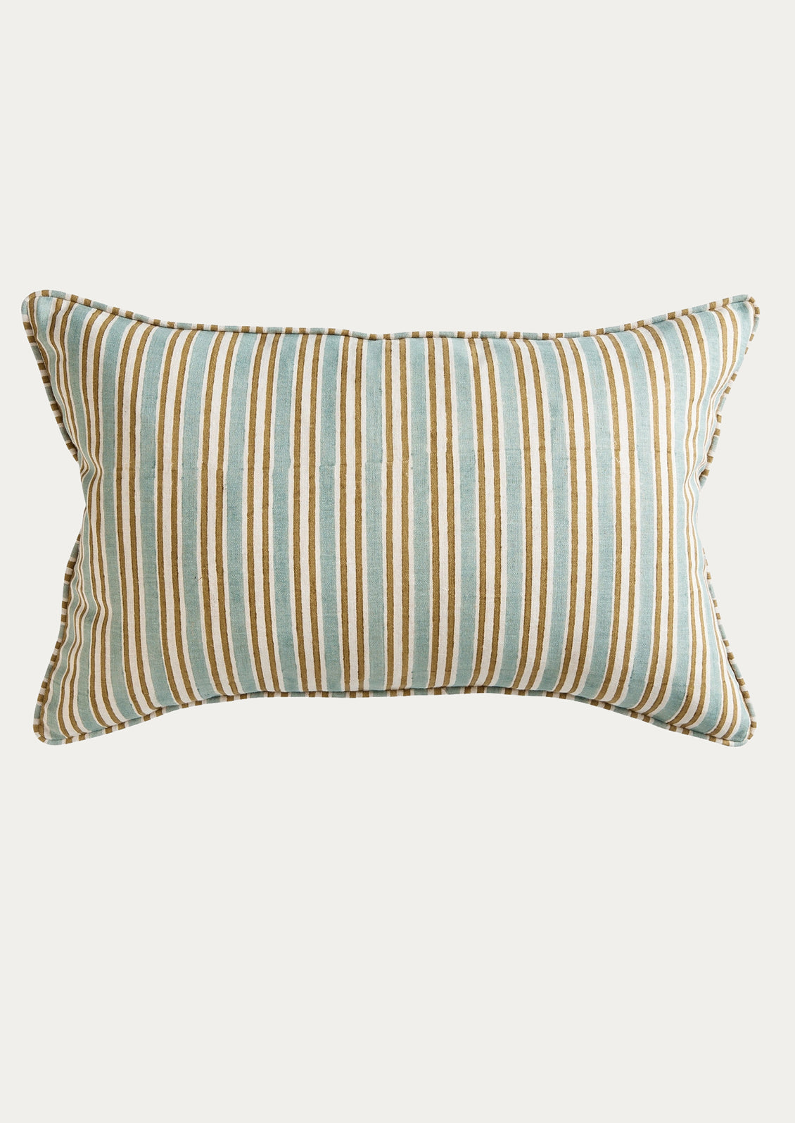A rectangular throw pillow with vertical stripes in light blue, beige, and brown.