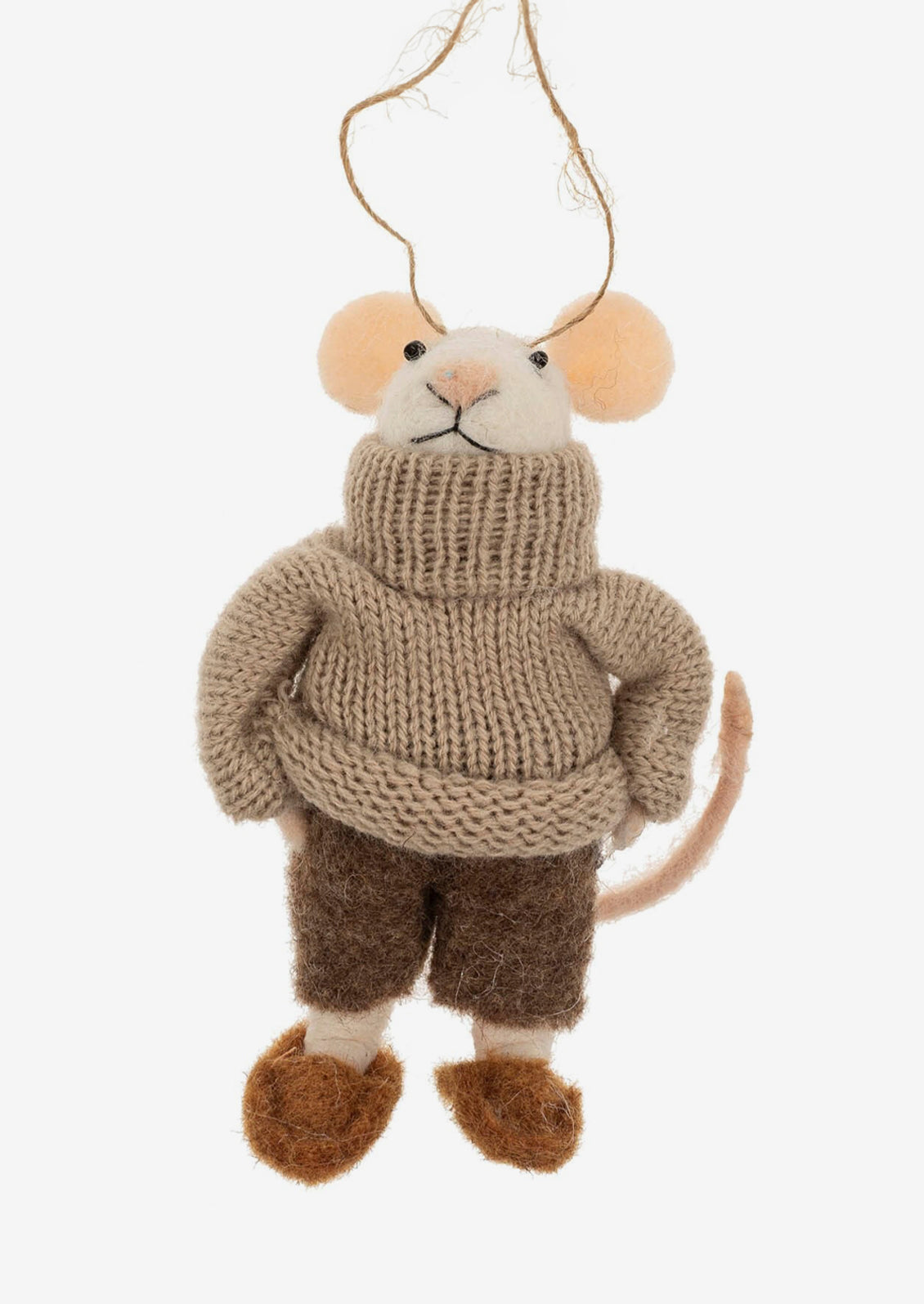 A felted white mouse ornament wearing turtleneck and slippers.