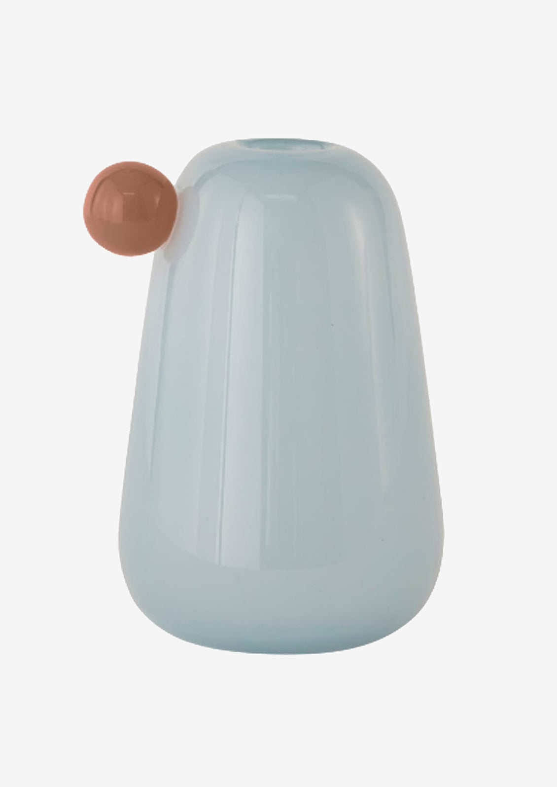 A glass vase in light blue with brown "bauble" knob detailing at top.