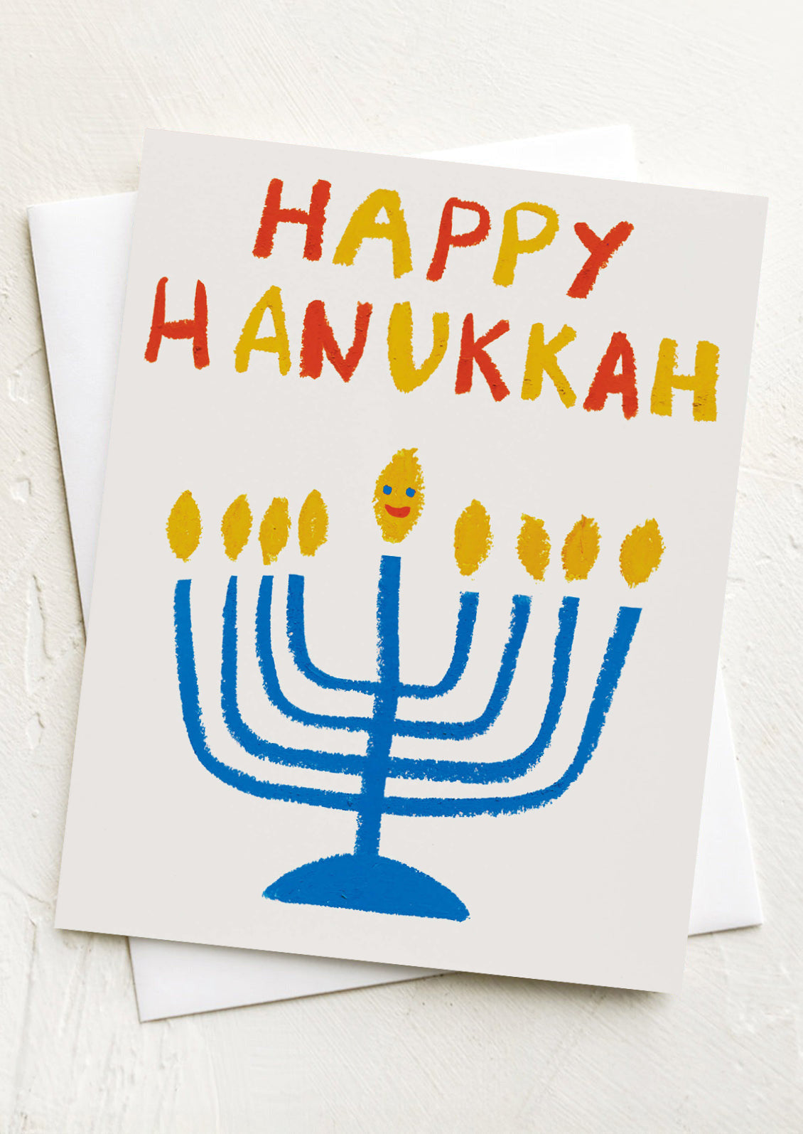 Happy Hanukkah card with a blue menorah and yellow candles on a white background