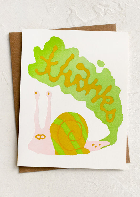 Greeting card with a snail illustration and 'thanks' text on a white background