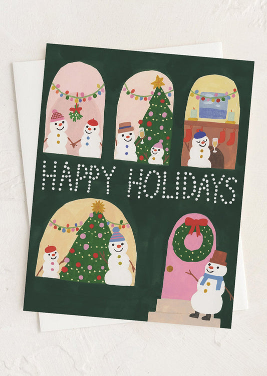 A greeting card with illustration of windows revealing Snowmen inside doing holiday activities, text reads "Happy Holidays!'.