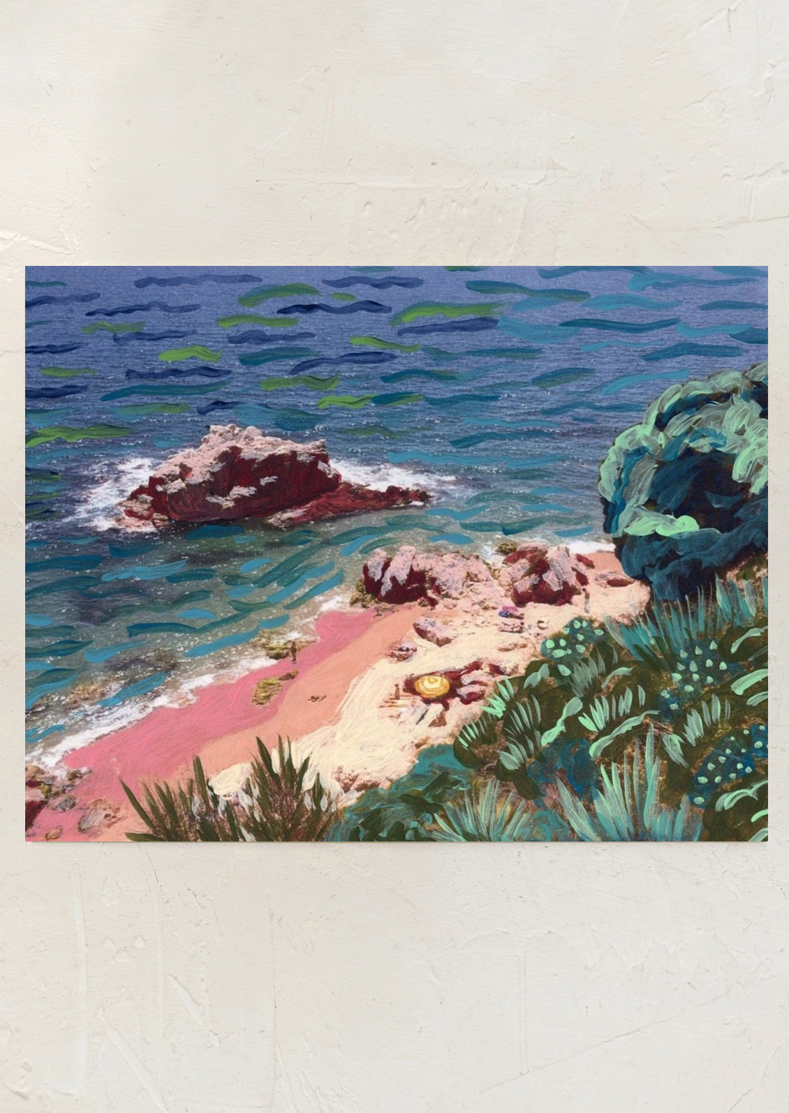Colorful painting of a coastal scene with rocks, water, and plants.