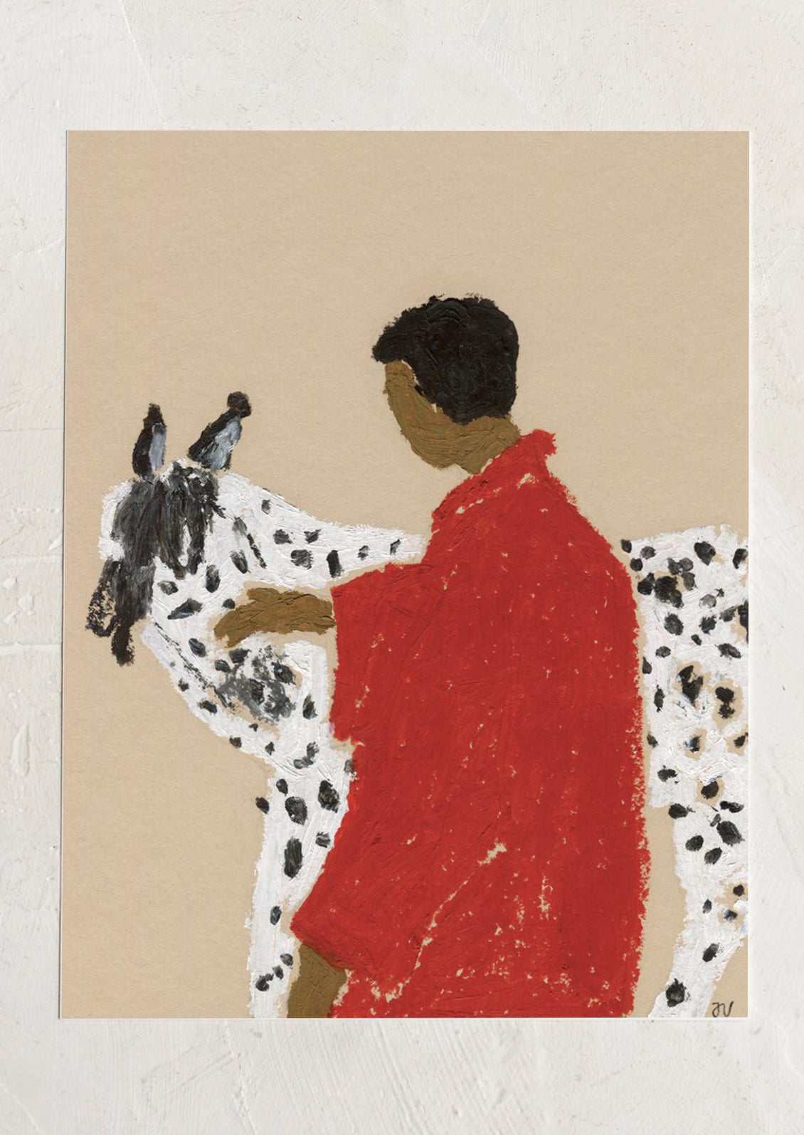 An art print of a painting of a woman with dark skin wearing a red jacket, petting a black and white spotted horse.
