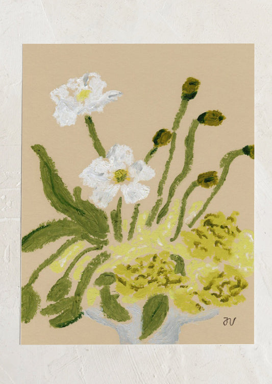 An art print of a pastels painting of white and green floral arrangement.