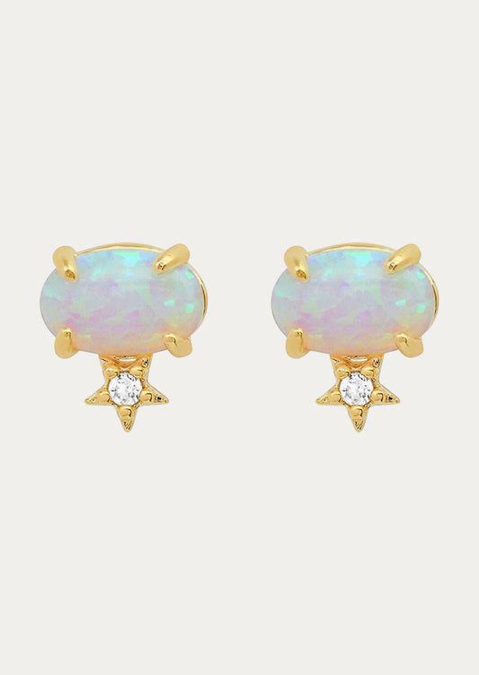 A pair of opal stud earrings with a star underneath.