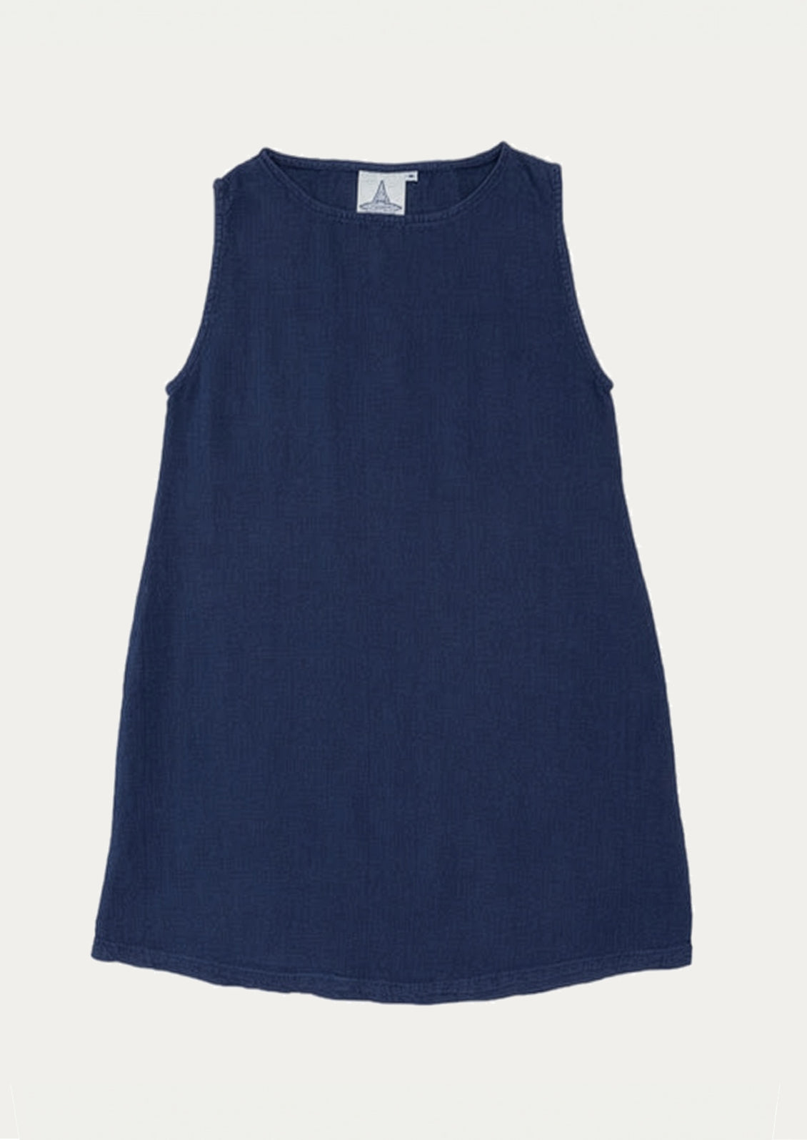 Navy blue sleeveless dress on a light gray background