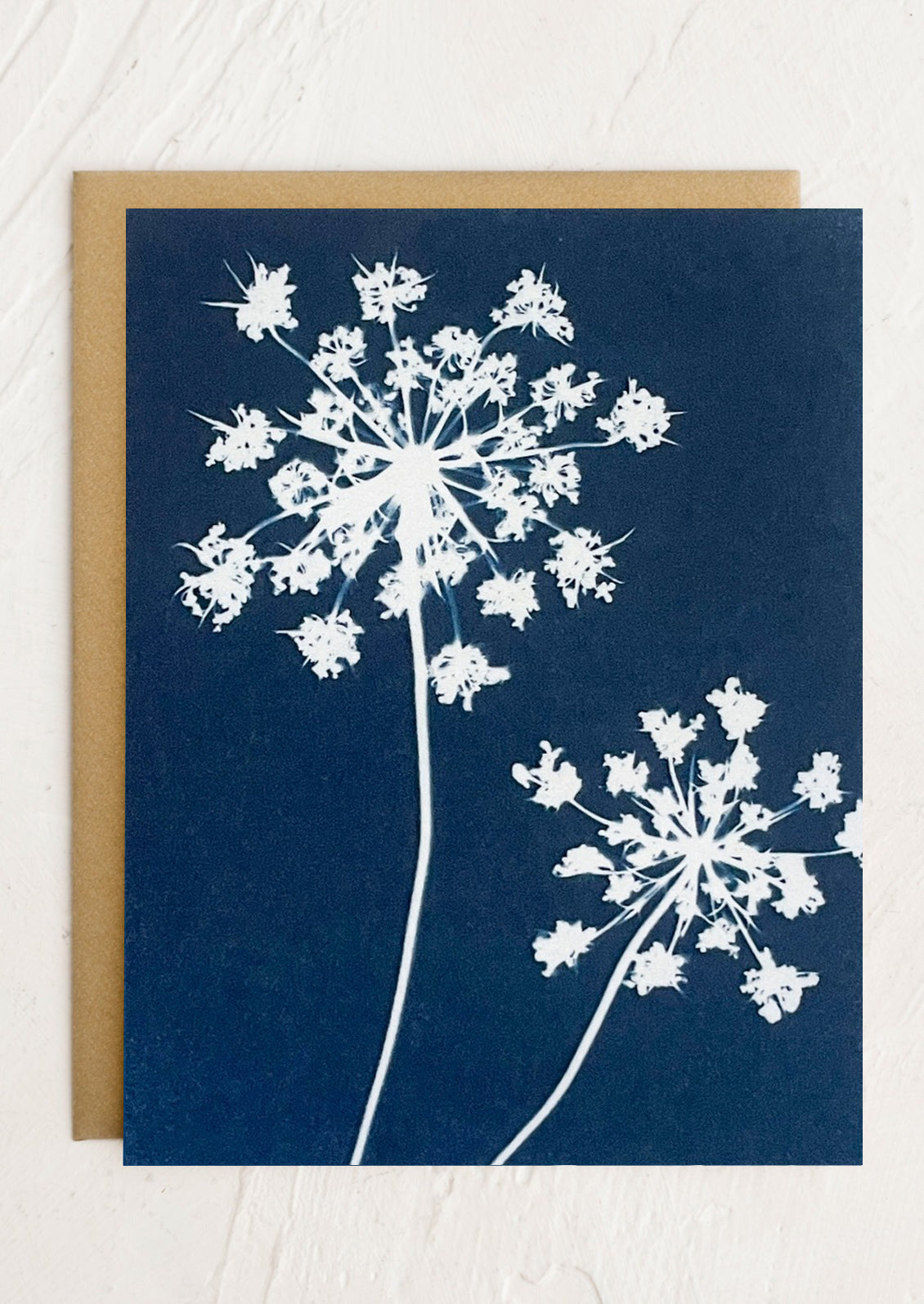 A cyanotype print greeting card with white lace flower floral pattern.