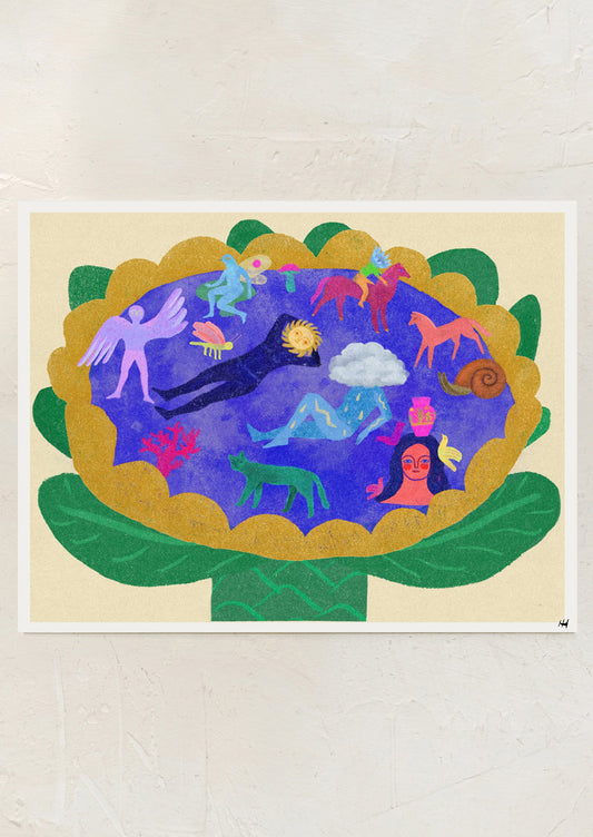 Colorful illustration of various figures and animals on top of a flower.