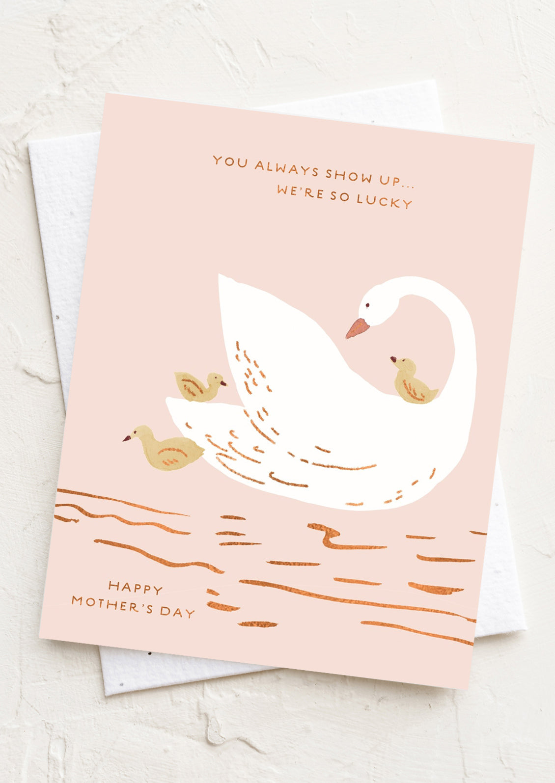 Card with a swan and duck illustration on a pink background