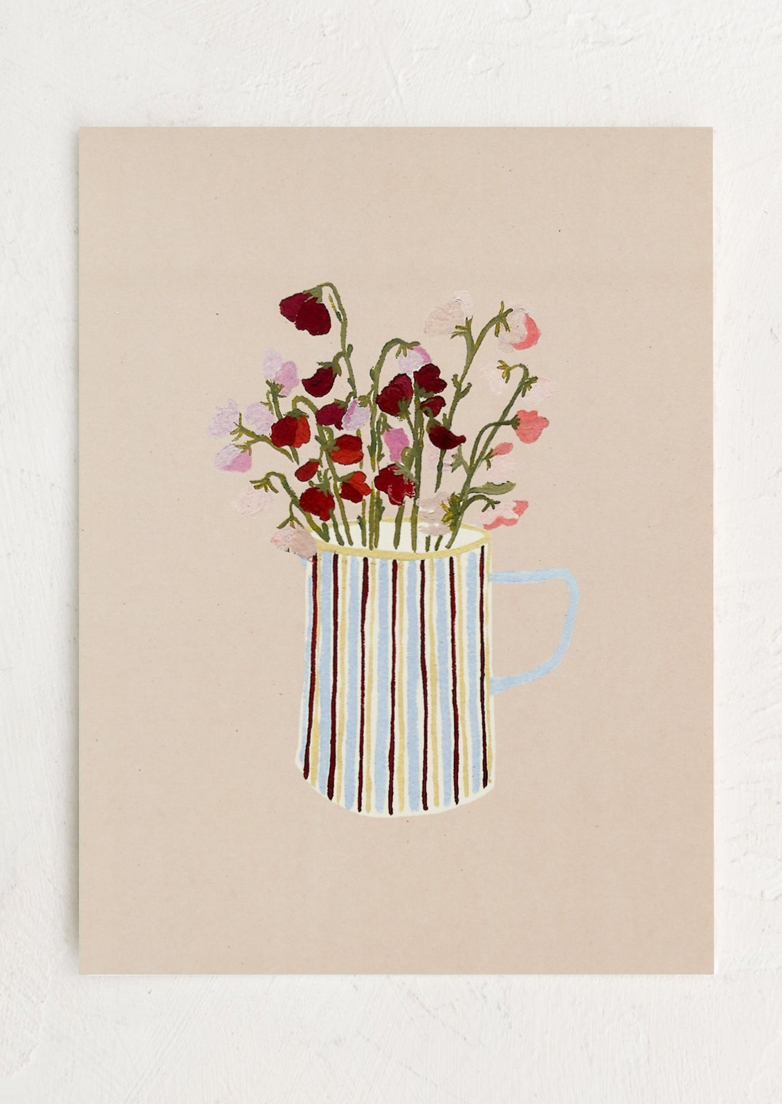 An art print with sweet pea flowers in striped pitcher, on nude colored background.