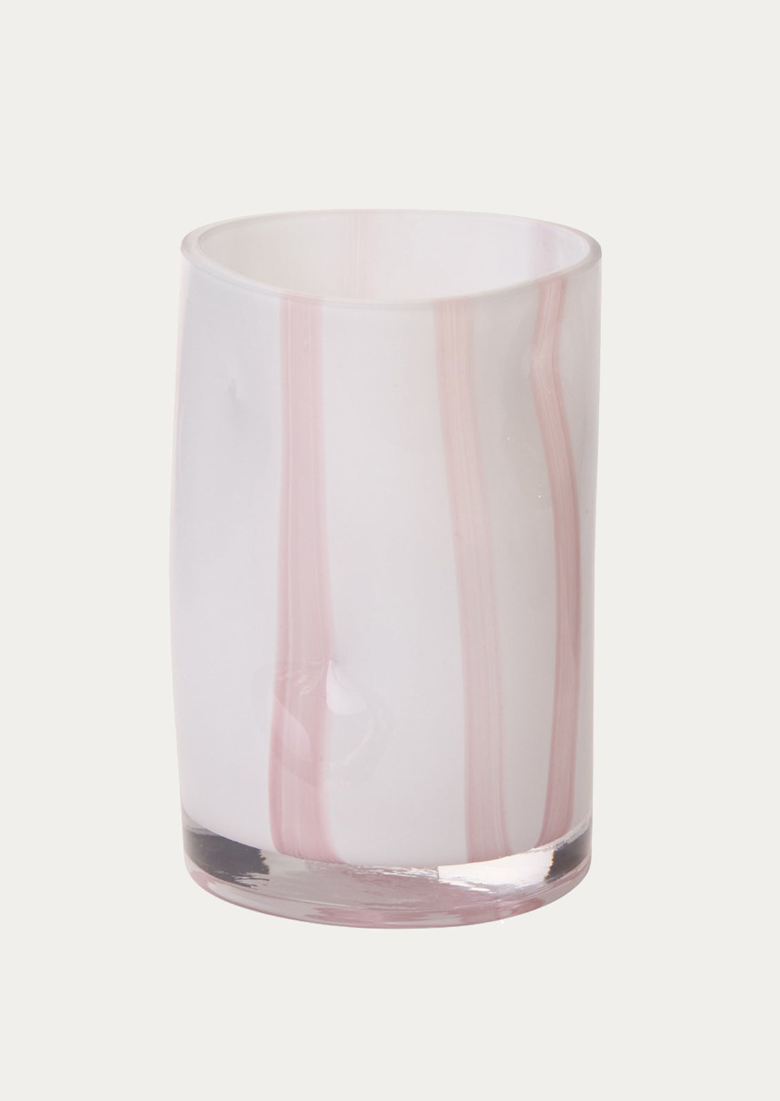 Short glass vase with pink and white striped pattern.