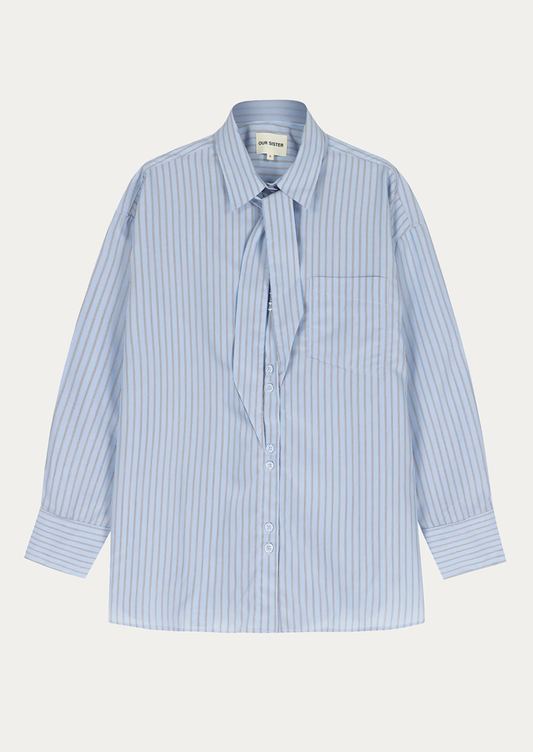 Light blue striped shirt with a tie on a white background