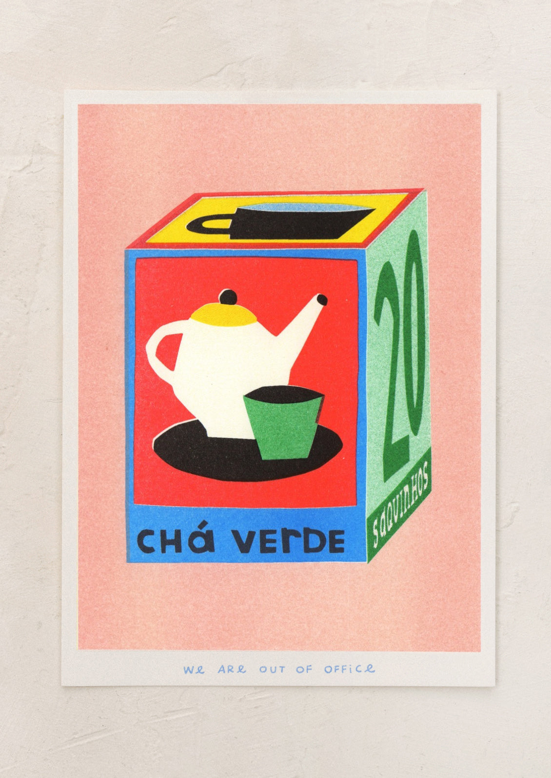 A risograph art print with illustration of box of tea bags on pink background.