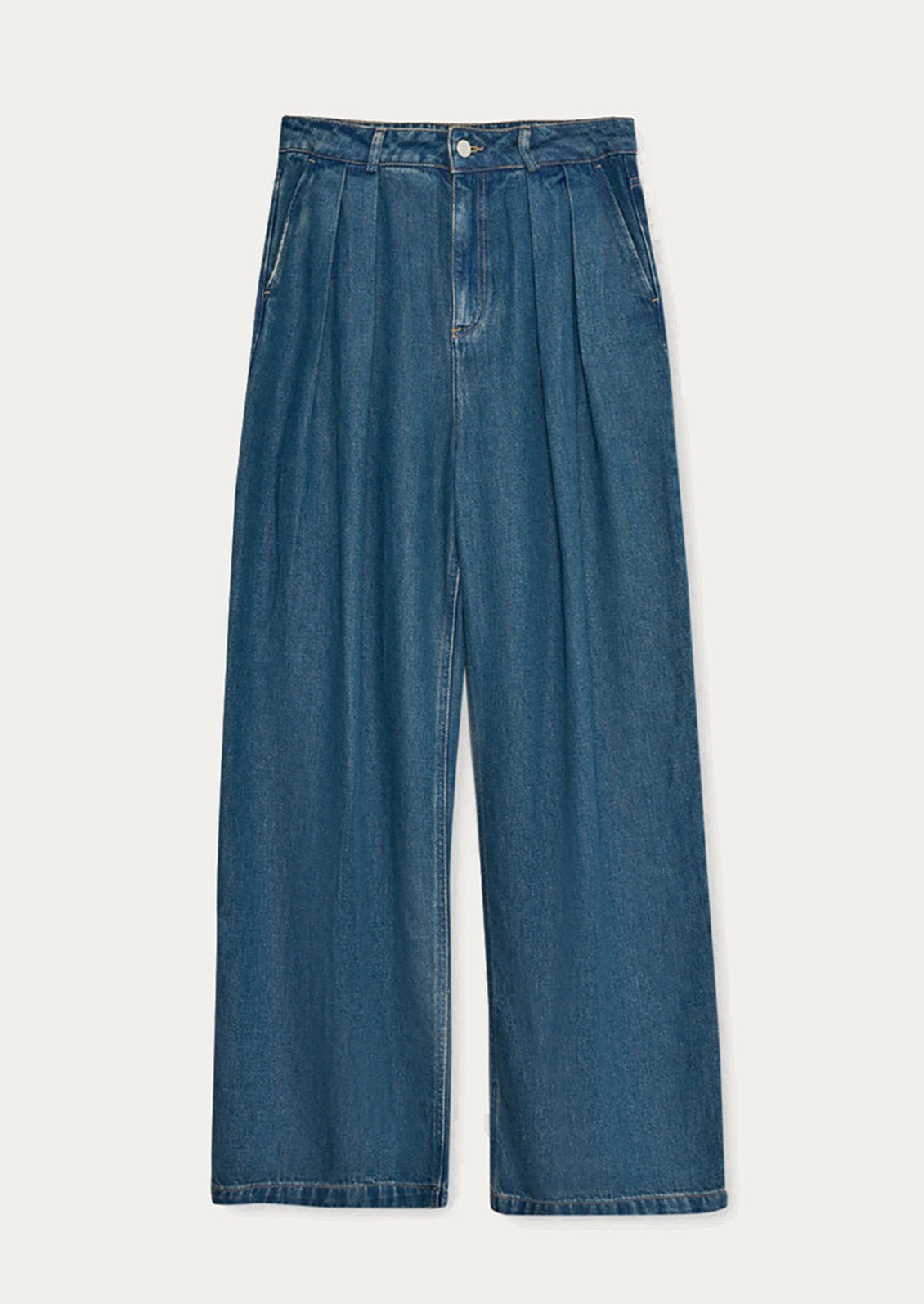 A pair of pleat front wide leg pants in blue denim.