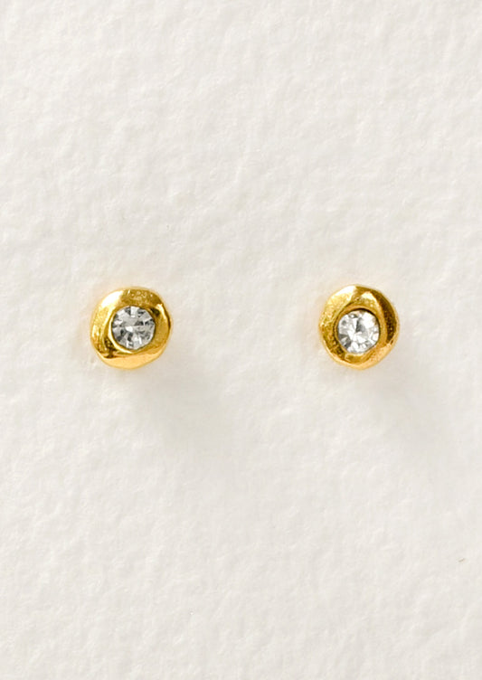 A pair of gold stud earrings with a crystal center.