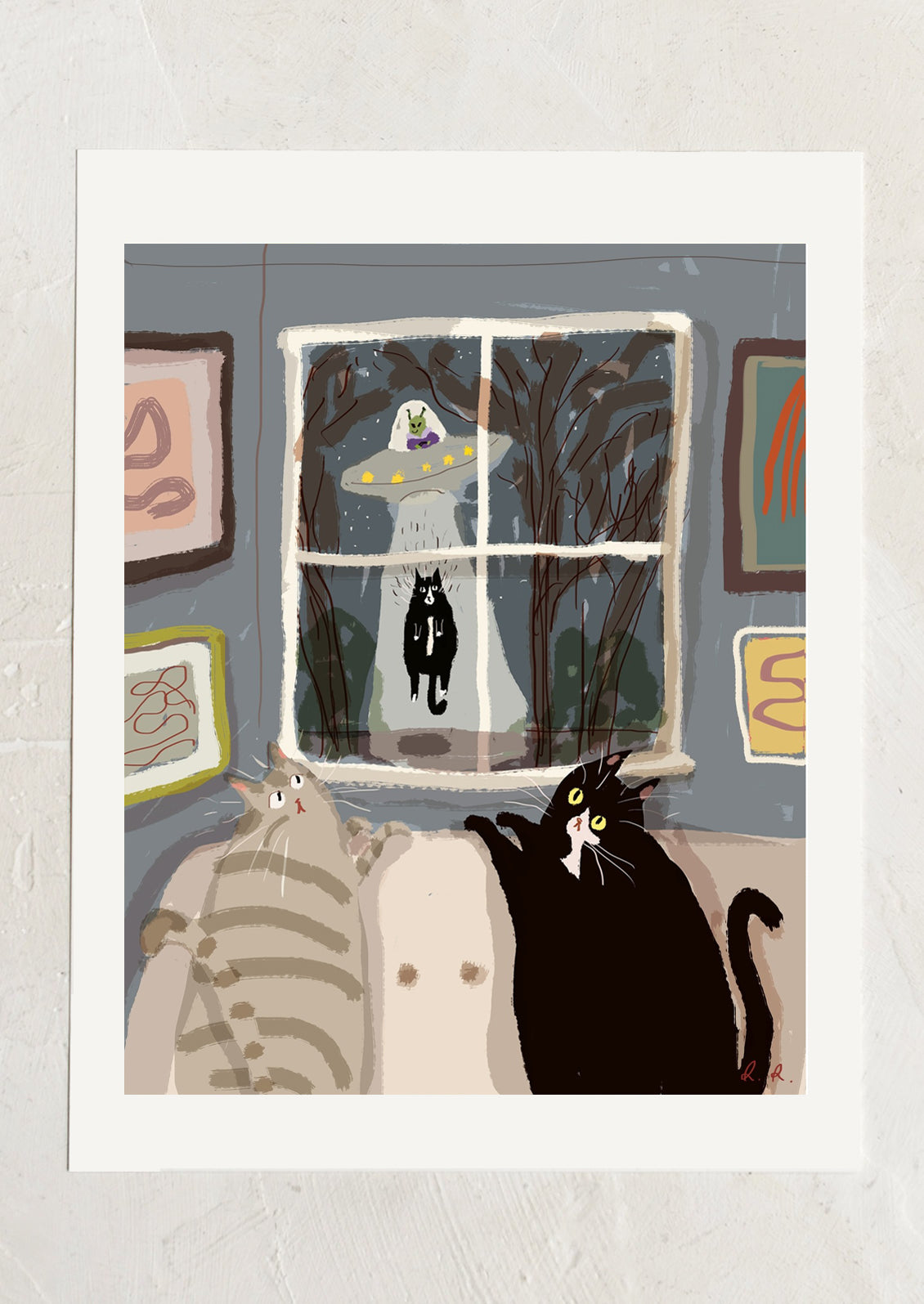 An art print of an illustration of two cats watching an alien abduction.