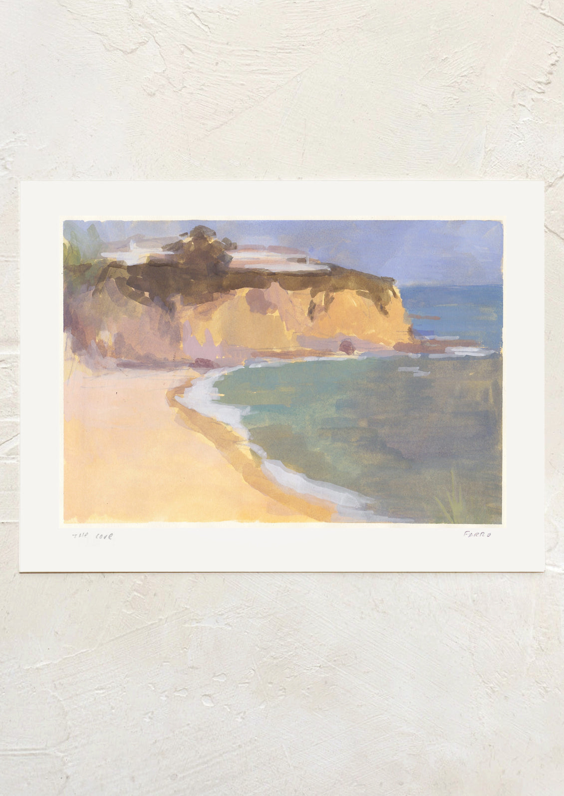 A fine art print of a landscape painting, seaside cove setting.