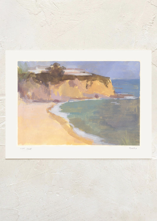 A fine art print of a landscape painting, seaside cove setting.
